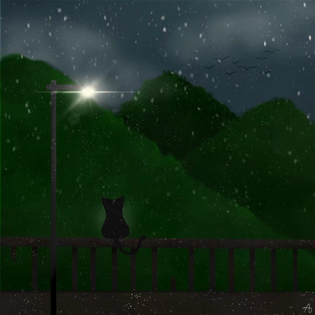 A black cat sitting on a railing in the night rain, digital painting